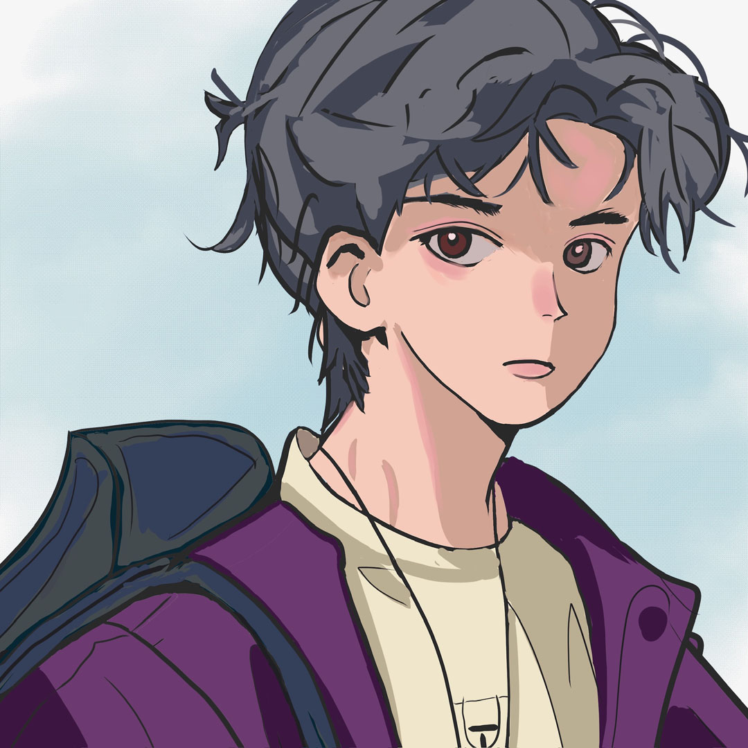 紫色外套背包男孩